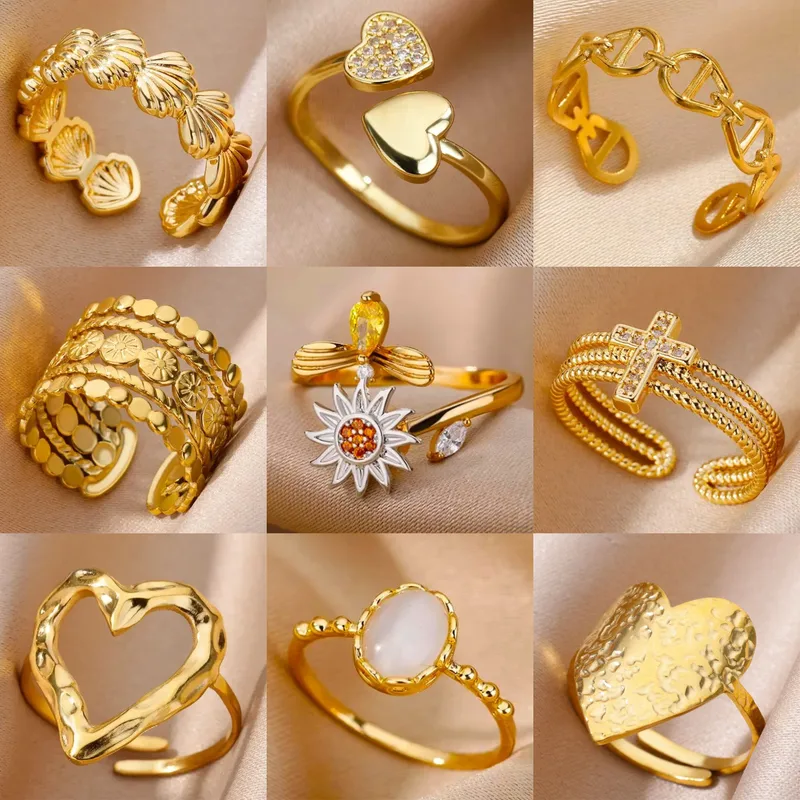 Wholesale 304 Stainless Steel Copper Starfish Heart Shape Shell PVD Coated Real Gold Plated Simple Style Waterproof Non Tarnish Plating Open Rings