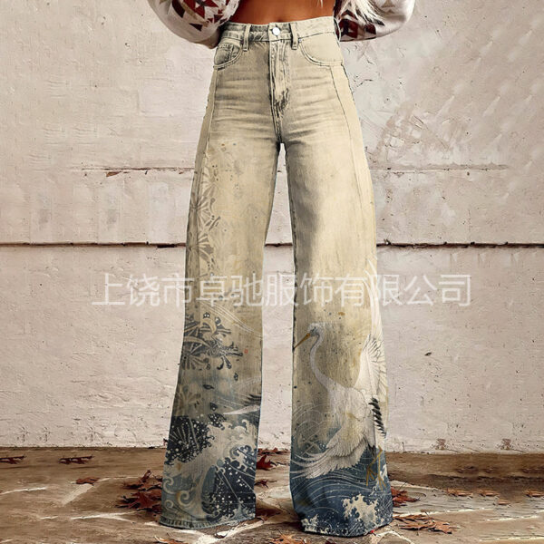 oly-a2f85bdba9d334b492332ee912062edb Wholesale Independent Station Xiyin Shopee's Popular 3D Heat Transfer Bell-Bottom Pants Simulated Denim Pants Loose Pants