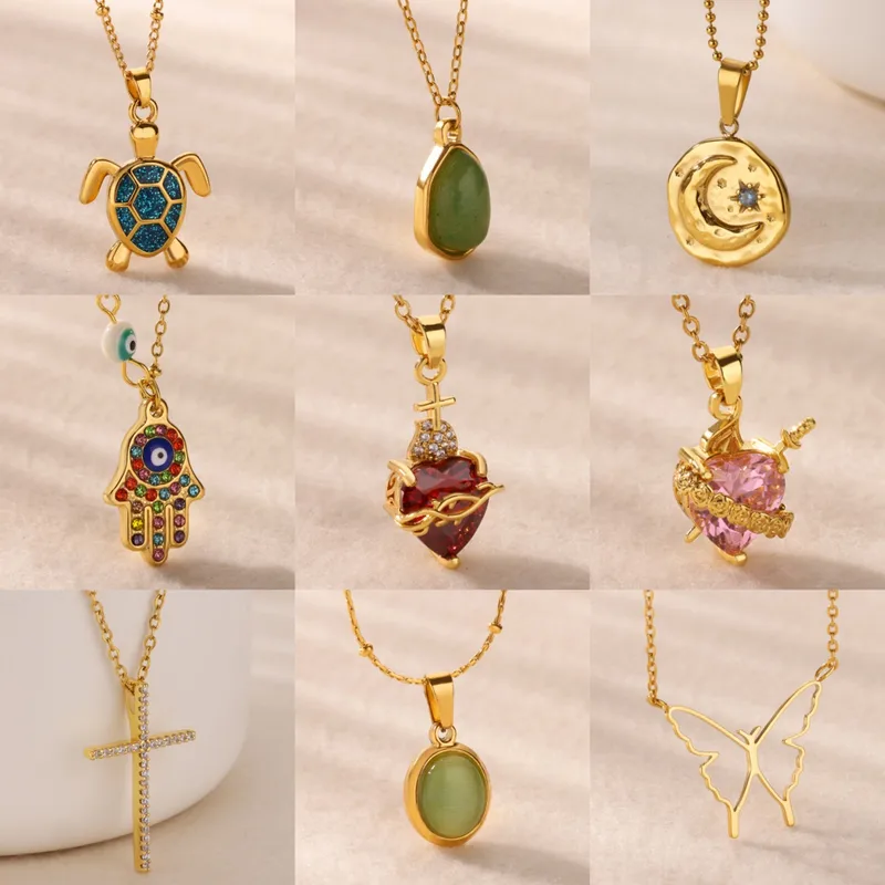 Wholesale 304 Stainless Steel Cross Devil's Eye Moon PVD Coated Zircon Elegant Romantic Sweet Plating Pendant Necklace