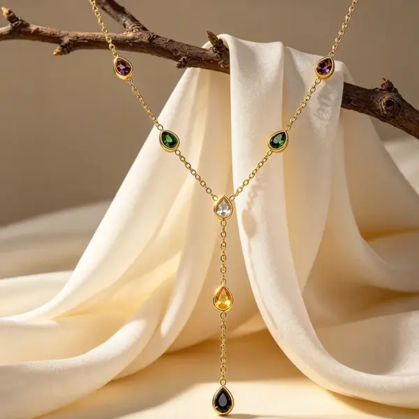Wholesale Water Droplets Pendant Necklace For Women, 18K Gold Plated 304 Stainless Steel, PVD Coated, Zircon Inlay, Cable Chain