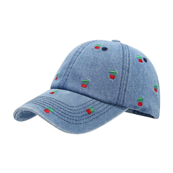oly-a3469ee8543ebc807342bdb10082df67 Wholesale Retro cherry embroidered denim baseball cap with soft top that makes your face look smaller.