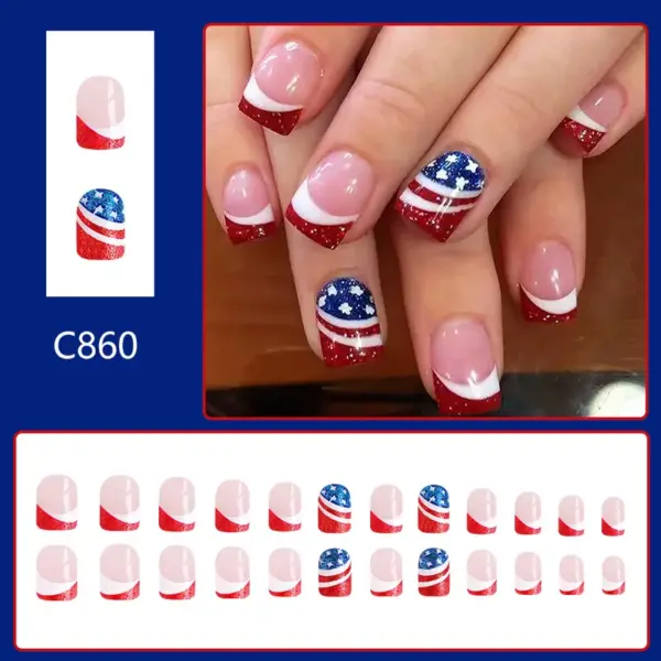 Wholesale Chinese Valentine's Day American Star Nail Art Decoration Red Blue Striped Glitter Nail Stickers 24 Pieces Shiny Silicone Material