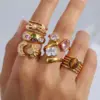 Wholesale 18K Gold Plated 304 Stainless Steel Diamond Ring Vintage Gemstone Ring Vacuum Electroplating (In Furnace) Geometric Asymmetric Ring Jewelry Rings For Women With Rhinestones And Tiger Eye