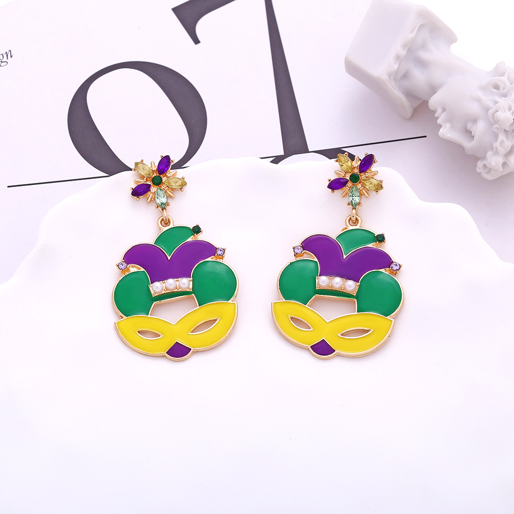 Wholesale New alloy dripping oil Diamond Irish mask earrings cross-border St. Patrick carnival hat earrings for women