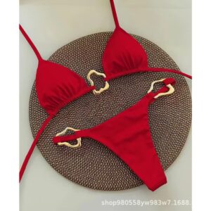 Wholesale A20 New Halter Bikini Swimsuit Breast Gathering Sexy Metal Buckle Triangle Women's Solid Color Separates Swimsuit