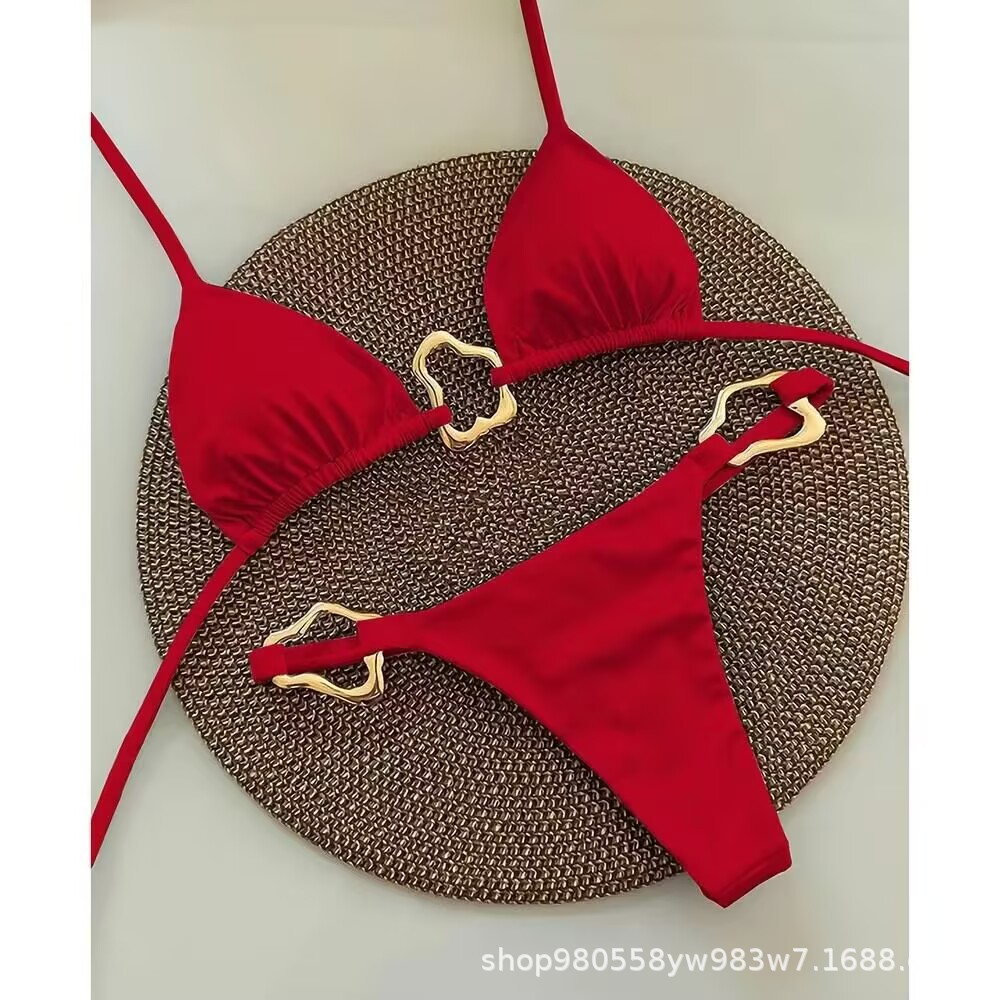 Wholesale A20 New Halter Bikini Swimsuit Breast Gathering Sexy Metal Buckle Triangle Women's Solid Color Separates Swimsuit