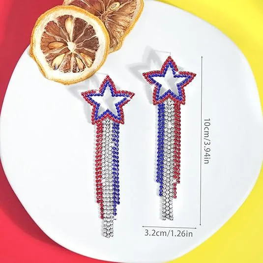 Wholesale American Flag Independence Day Heart Shaped Rhinestone Pendant Earrings Women Bohemian Long Waterdrop Jewelry Accessories