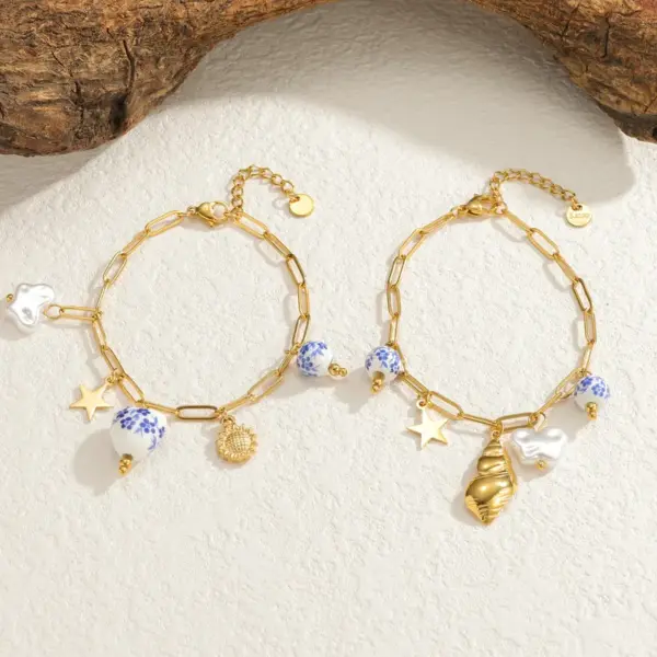 Wholesale Ceramic Blue And White Porcelain Bracelet Titanium Steel Shell Pendant 18K Gold Bracelet
