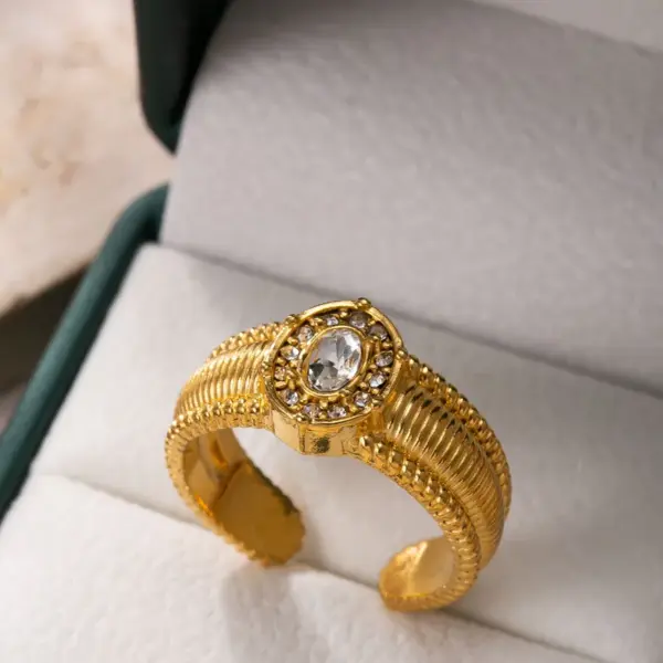Wholesale Geometric Open Rings For Women, Waterproof Non Tarnish 304 Stainless Steel With 18K Real Gold Plated PVD Coating And Rhinestones Inlay