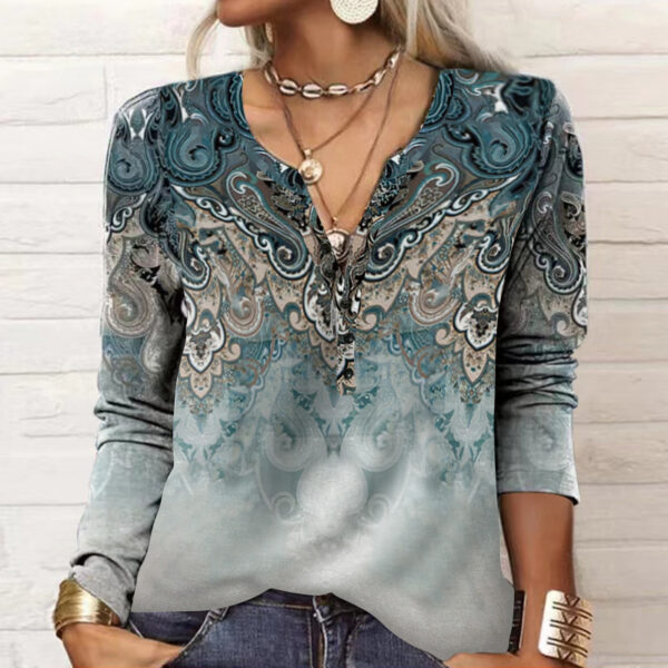 Wholesale autumn and winter women’s long sleeve printed national fashion T-shirt women