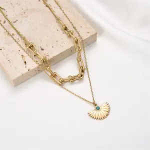 Wholesale PVD Coated Real Gold Plated Sector Oval Stainless Steel Casual Hip-Hop Waterproof Non Tarnish Double Layer Necklaces