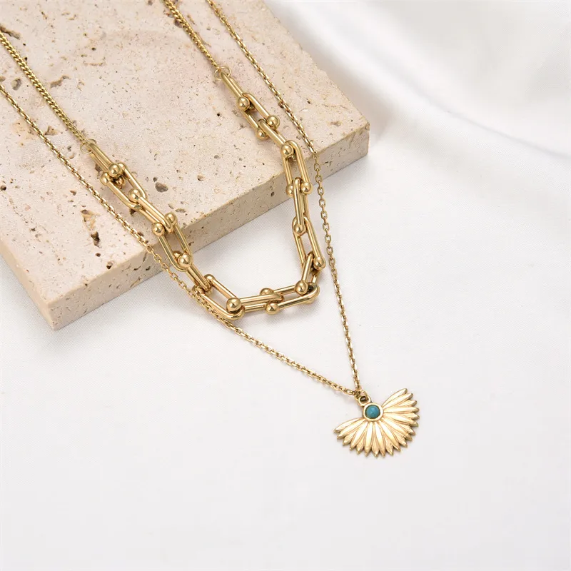 Wholesale PVD Coated Real Gold Plated Sector Oval Stainless Steel Casual Hip-Hop Waterproof Non Tarnish Double Layer Necklaces