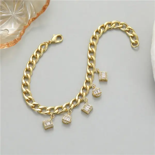 Wholesale Unisex Geometric Necklace With Zircon Inlay, 14K Real Gold Plated Copper, Featuring Electroplated Finish And Snake Chain