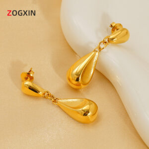 Wholesale European and American Cross-Border French Retro Glossy Water Drop Earrings Women's Earrings Stainless Steel 18K Hollow Stereo Pear-Shaped Earrings