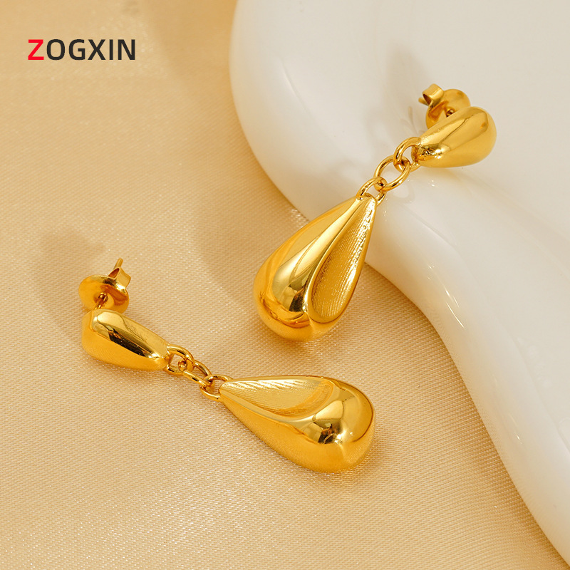 Wholesale European and American Cross-Border French Retro Glossy Water Drop Earrings Women's Earrings Stainless Steel 18K Hollow Stereo Pear-Shaped Ea