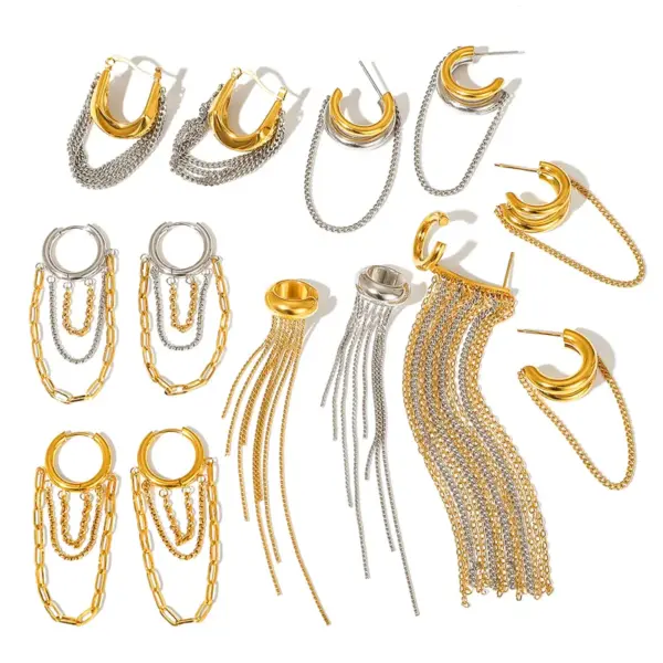 Wholesale Women's Classic Style 18K Gold Plated 304 Stainless Steel Vacuum Electroplated Geometric Color-Block Waterproof Non-Fading Asymmetric Chain Tassel Earrings Set
