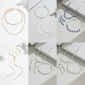 Wholesale Simple Versatile Two-Piece Set Rhinestone-Encrusted Chain Necklace Stackable Jewelry Combination Geometric Pattern Plated KC Gold Rhinestone Copper