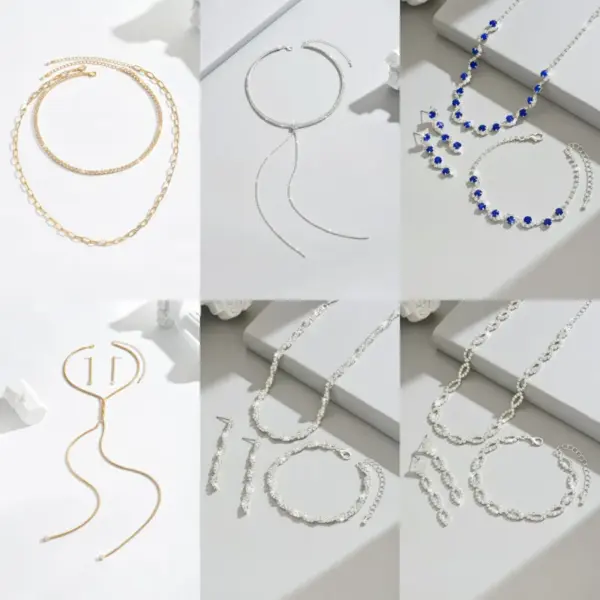 Wholesale Simple Versatile Two-Piece Set Rhinestone-Encrusted Chain Necklace Stackable Jewelry Combination Geometric Pattern Plated KC Gold Rhinestone Copper