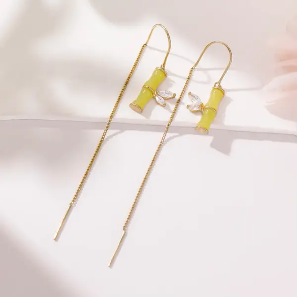 Wholesale 1 Pair Classical Romantic Bamboo Copper Zircon 14K Gold Plated Dangling Earrings