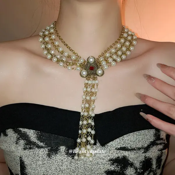 Wholesale Layered Tassel Pearl Necklace For Women With Imitation Pearl And Rhinestone Inlay, Alloy Pendant