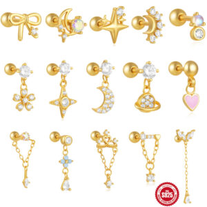 Wholesale S925 Sterling Silver Moon and Star Pendant Earrings with Twisted Ball Rivets, Cartilage Studs, Cartilage Piercing Jewelry