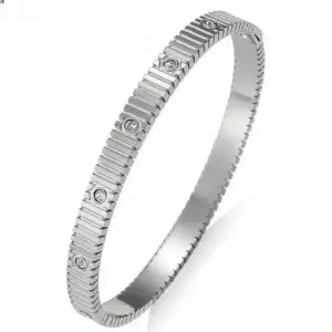 44B-9 Steel-Colored Striped Diamond-Embellished Bracelet