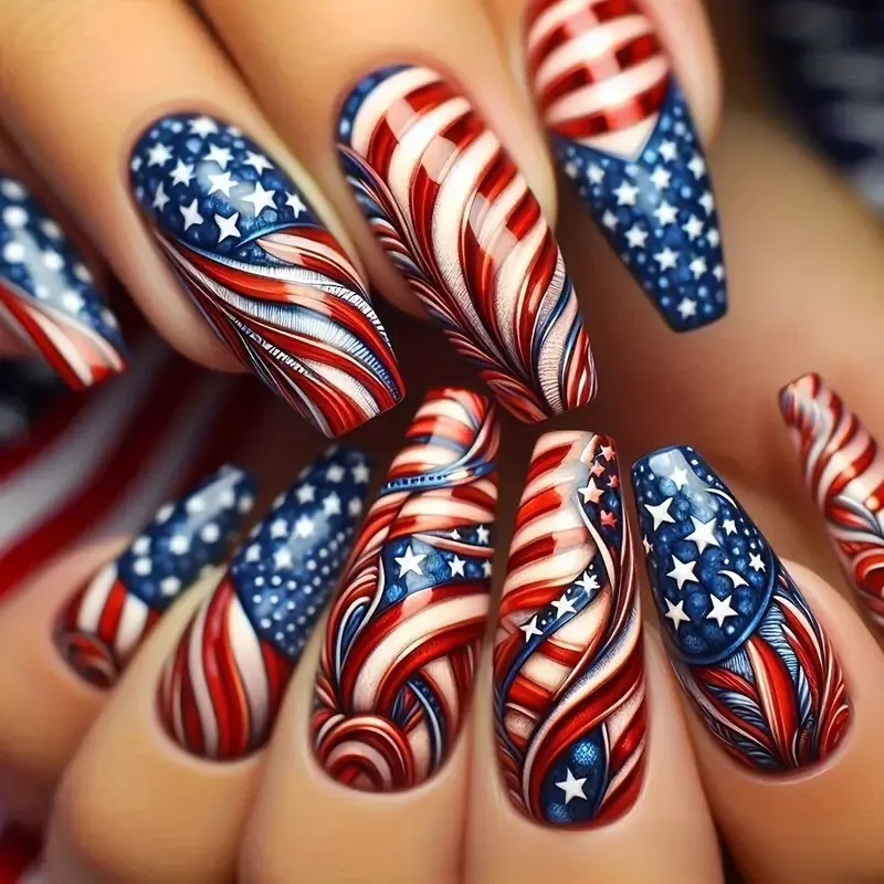 Wholesale 24 Pieces Vintage Glowing Feather Striped Star Independence Day Eagle Flag Design Wearable Nail Art Decoration Stickers Tips