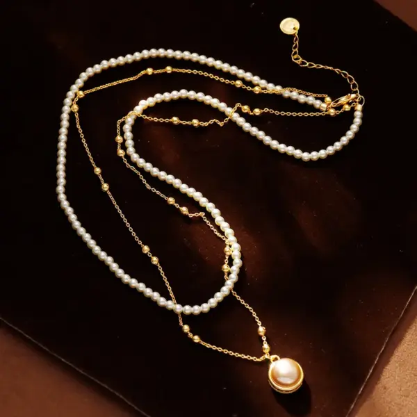 Wholesale Double Layer Pearl Necklace Titanium Steel Geometric Women's Collarbone Chain Rose Gold Plated