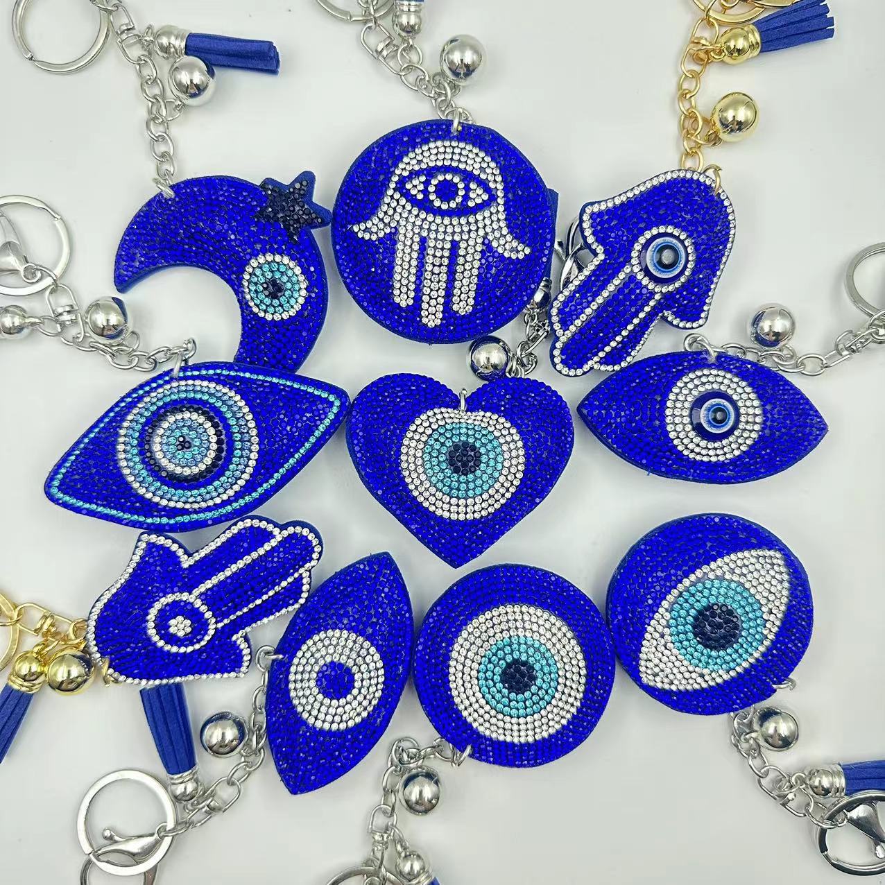 Wholesale Cross-border Rhinestone Eye Keychain Devil's Eye Tassel Bag Pendant Blue Farmati Evil Eye Pendant