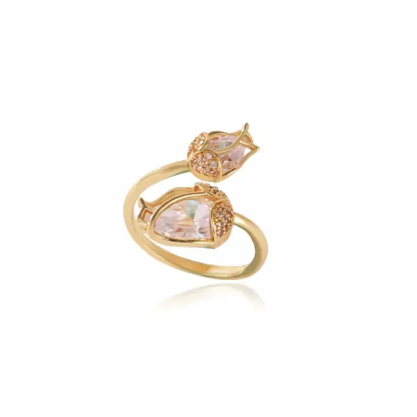 Wholesale Petal Open Ring For Women Featuring Natural Stone Inlay With 18K Real Gold Plated Copper And Water Plating Stone Texture