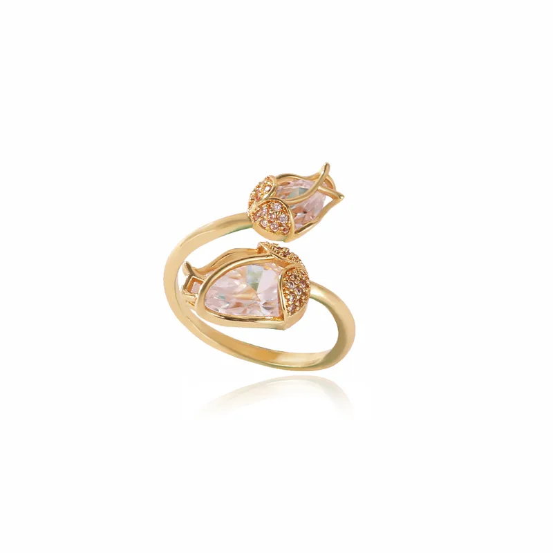 Wholesale Petal Open Ring For Women Featuring Natural Stone Inlay With 18K Real Gold Plated Copper And Water Plating Stone Texture