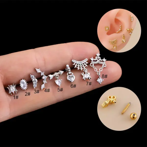 Wholesale 1 Piece 316L Stainless Steel Copper Zircon Ear Cartilage Rings & Studs Spider Spider Web Waterproof Non Tarnish Surgical Steel