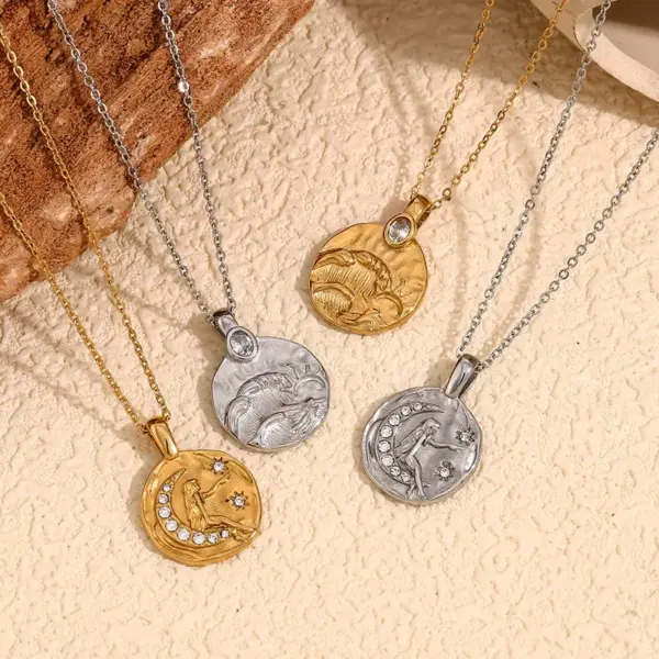 Wholesale Jewelry Retro Sun Moon 304 Stainless Steel Rhinestones 18K Gold Plated Plating Inlay Pendant Necklace Cable Chain