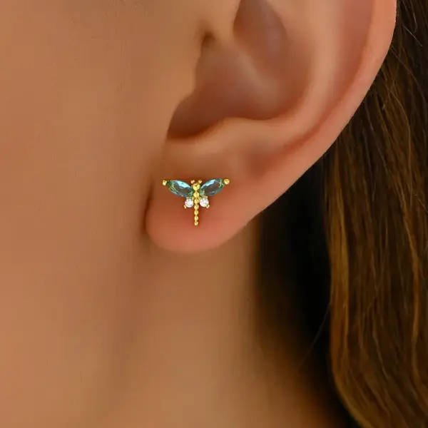 Wholesale Dragonfly Stud Earrings For Women With Claw Setting, 304 Stainless Steel, PVD Coated And 18K Real Gold Plated, Featuring Zircon Inlay