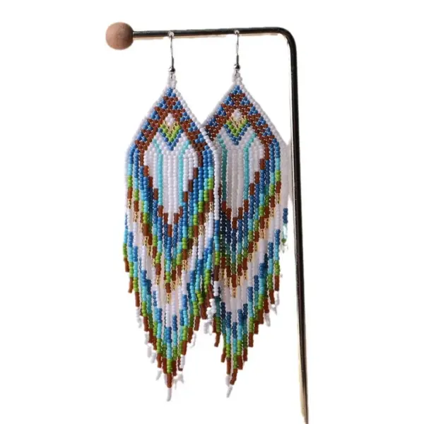 Wholesale Long Bohemian Tassel Geometric Gradient Rice Bead Earrings Women Handmade Glass Beads Dangle Earrings Floral Print Style