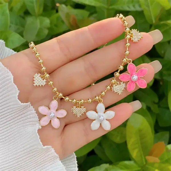 Wholesale Jewelry Simple Style Classic Style Cross Heart Shape Flower Copper Zircon 18K Gold Plated Inlay Ball Chain Multi Charms Necklace