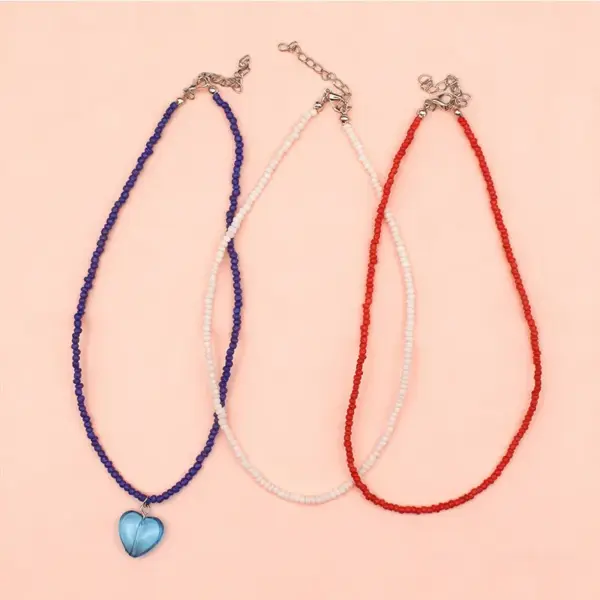 Wholesale Pastoral Blue Heart Shape Necklace For Women With Plastic Material And Seed Bead Inlay Featuring Weave Craft And Box Chain