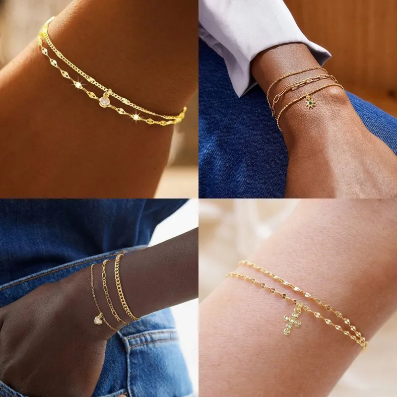 Wholesale 2 Pieces/Set Women's Jewelry Bracelet Set Beach Vacation Style Cross Heart Shape Water Plated Copper Zircon Asymmetric Sparkling Zircon Pend