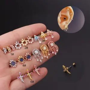 Wholesale 316L Stainless Steel Copper Ear Cartilage Rings & Studs Crown Waterproof Non Tarnish Surgical Steel