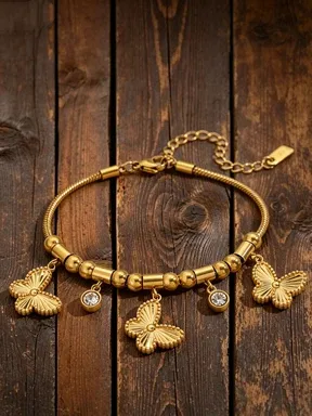 Wholesale Butterfly Couple Bracelets With 18K Gold Plated 304 Stainless Steel, Zircon Inlay, Waterproof Snake Chain