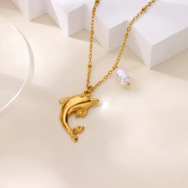 Wholesale 18K Gold Plated 304 Stainless Steel Vacuum Electroplating (In Furnace) Artificial Pearl Zircon Sun Palm Starfish Dolphin Whale Ocean Style Cable Chain/Cross Chain/O Chain Pendant Necklace For Women