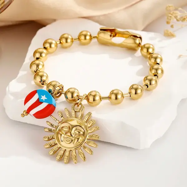 Wholesale National Flag Vacuum Plating (In Furnace) 24K Real Gold 304 Stainless Steel No Inlay Material Handmade Ball Chain Bracelet Unisex