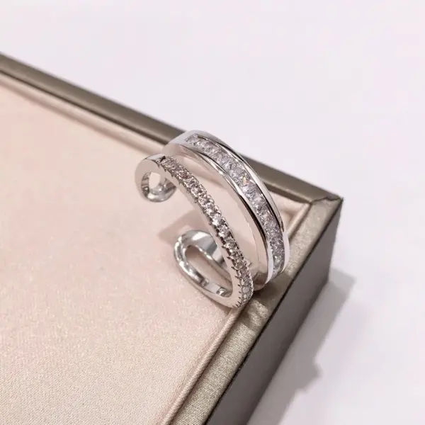 Wholesale Women’s C Shape Open Ring In Brass With 18K Real Gold Plated Water Plating And Zircon Inlay, Featuring Bezel Setting
