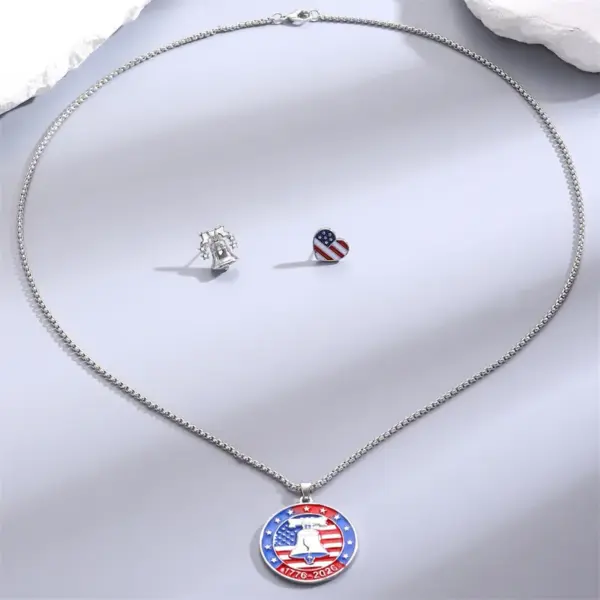 Wholesale Unisex Jewelry Set Featuring American Flag Pattern With White K Plated Metal And Asymmetrical Design On Cable Chain