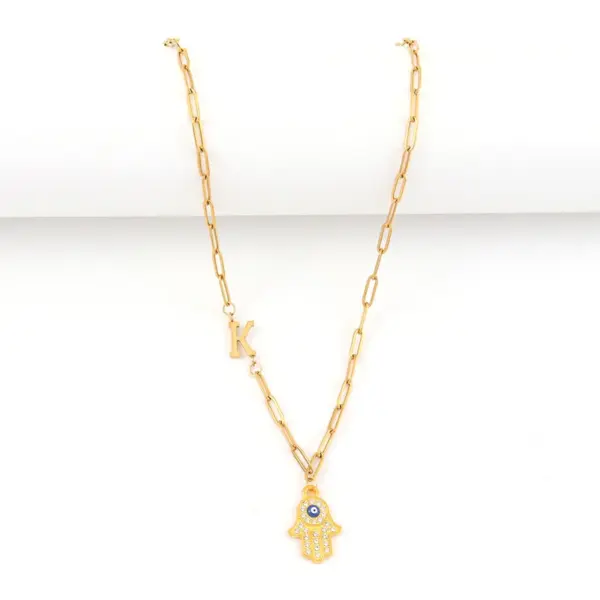 Wholesale Simple Fashion Classic Micro Pave Zircon Fatima Hand Initial Pendant Gold Stainless Steel Paperclip Chain Women's Necklace