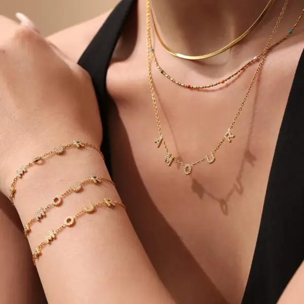 Wholesale PVD Coated Real Gold Plated 18K Gold Geometry 304 Stainless Steel Imitation Diamond Elegant Luxurious Shiny Waterproof Non Tarnish Bracelets Necklace Jewelry Set