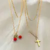 Wholesale Simple Style Double Layer Cross Necklace For Women With Enamel Craft And Electroplated Gold Plating On Cable Chain
