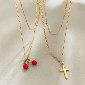 Wholesale Simple Style Double Layer Cross Necklace For Women With Enamel Craft And Electroplated Gold Plating On Cable Chain