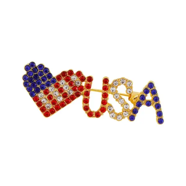 Wholesale Fashionable Alloy Diamond Embedded Heart Shaped Lapel Pins Women's Clothing Accessories USA Flag Letter Brooch Pin Trendy Geometric Pattern