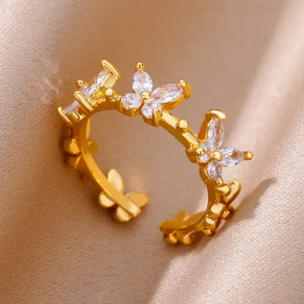 Wholesale 304 Stainless Steel Copper Star Bamboo Butterfly Electroplating PVD Coated Zircon 18K Real Gold Plated Elegant Lady Romantic Star Plating Butterfly Open Rings Rings